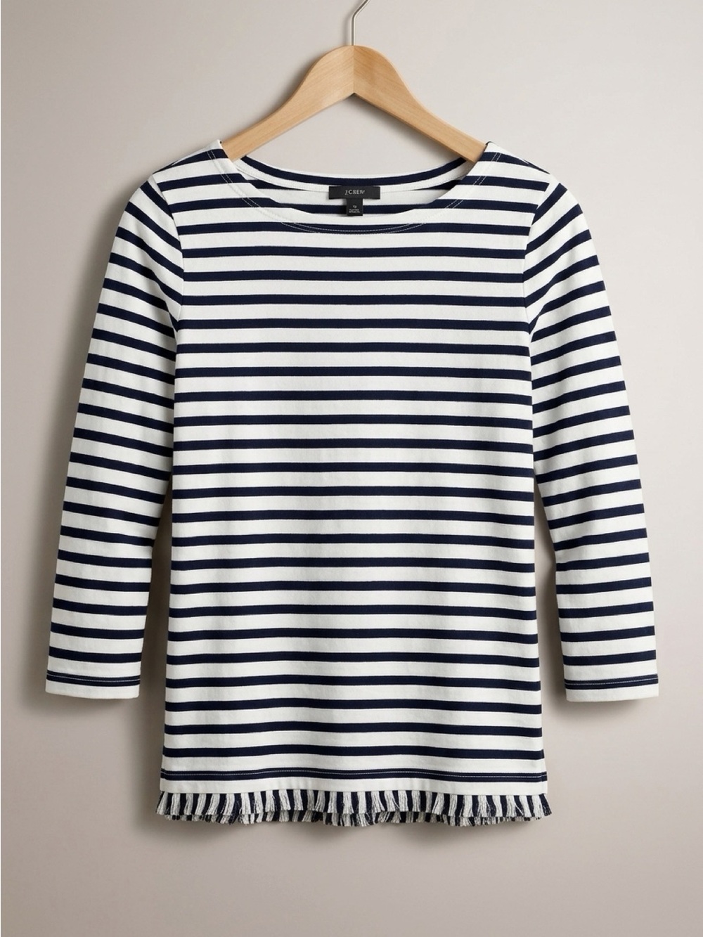 J. Crew Navy and White Striped Boatneck Top with Fringe Hem